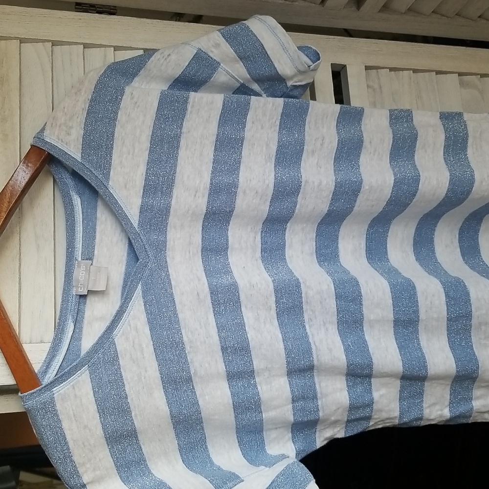 CHICO'S ladies linen metallic blue white stripe polo E.U.C